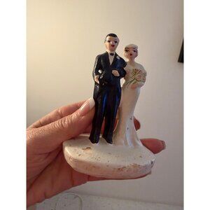 Vintage Bride And Groom Hand painted Chalkware Wedding Cake Topper